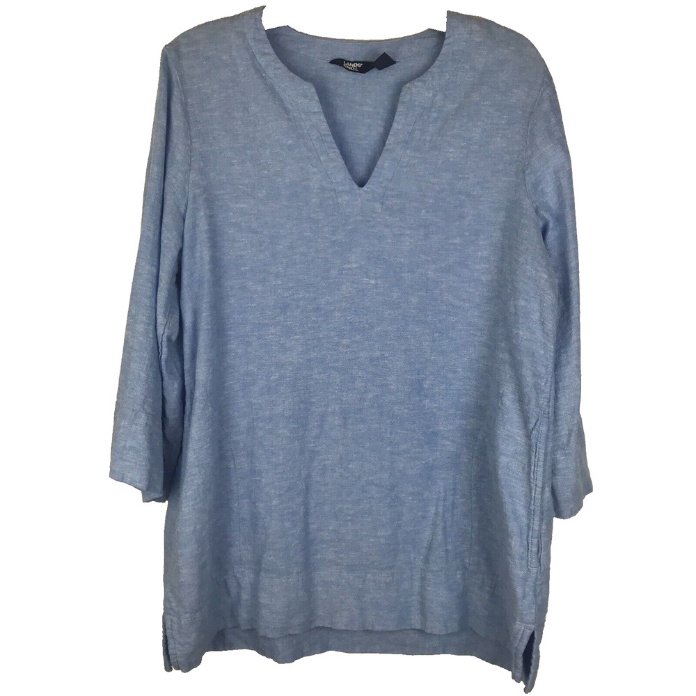Lands End Linen Blend Tunic Top 3/4 Sleeve Pockets Light Blue Lagenlook Medium